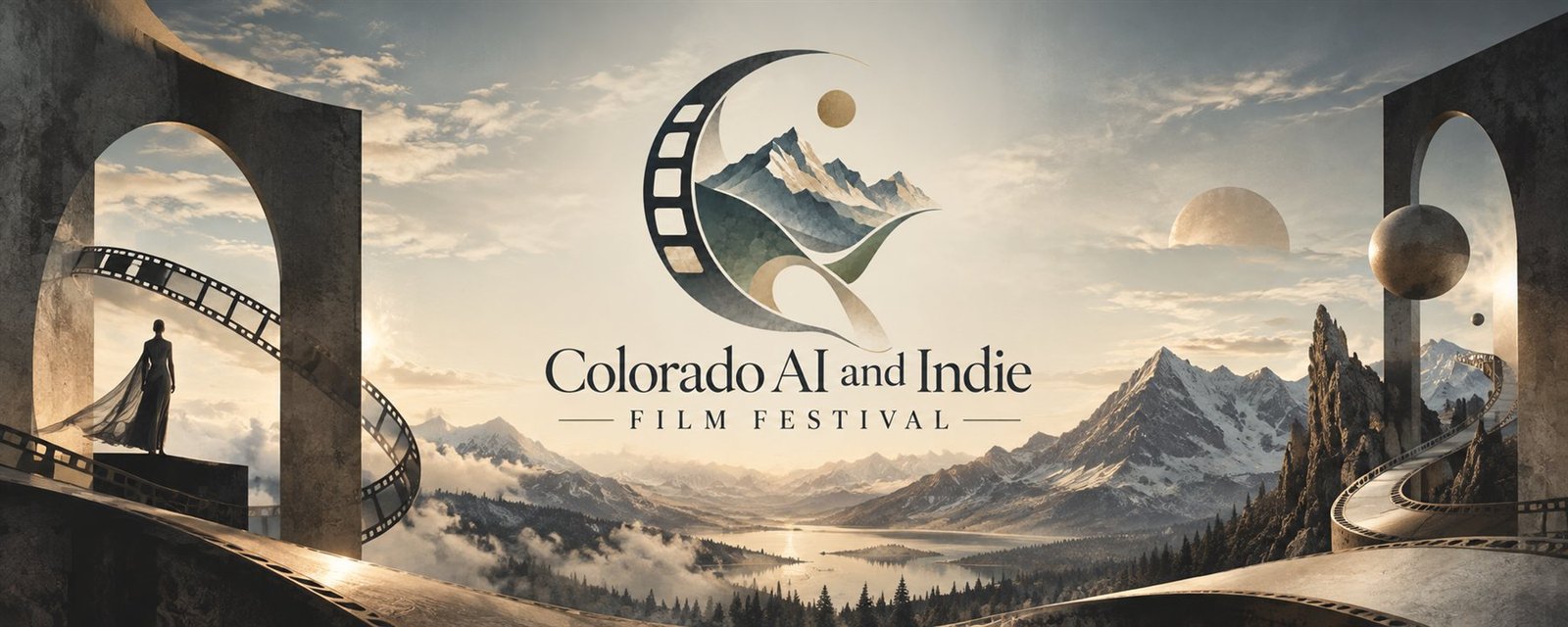 Colorado AI and Indie Film Festival logo over a mountain valley at golden hour, framed by stone archways trailing film strip, with a figure in a long gown looking out over the peaks